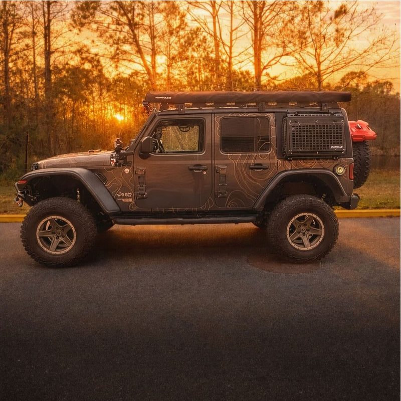 Gray Jeep Wrangler with black topo vinyl wrap